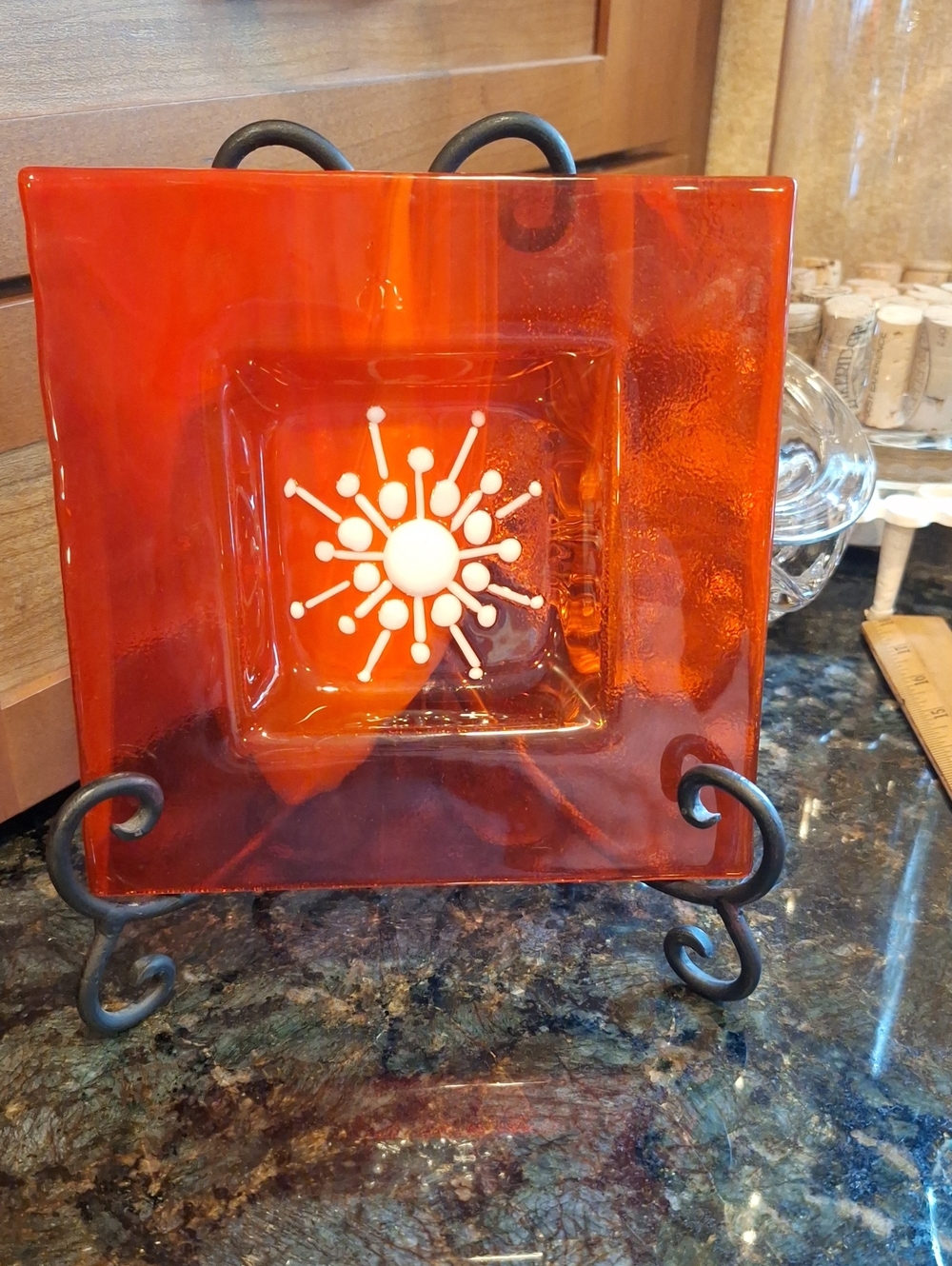 Square Decorative Red Glass Art Dish - White Sunburst Accent